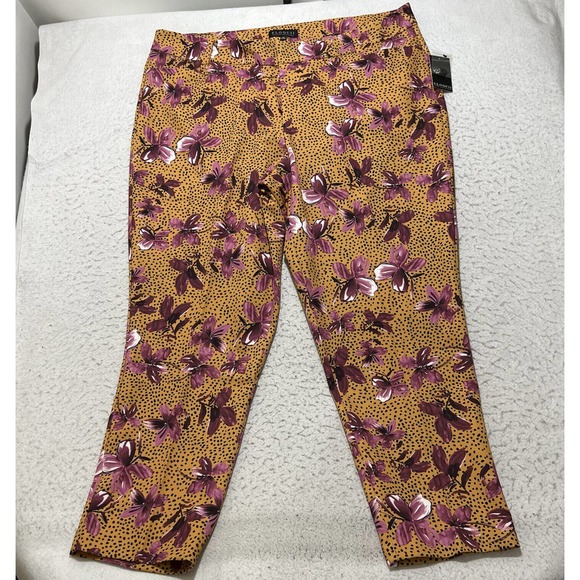 WORN 1CE Eloquii Women's Plus Size 20 Floral Print Pants Yellow Purple High Rise - Picture 1 of 13